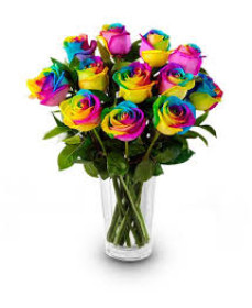 Fr00111rainbow roses bouque in vase $199.99(12stems);$379.99(24STEMS)